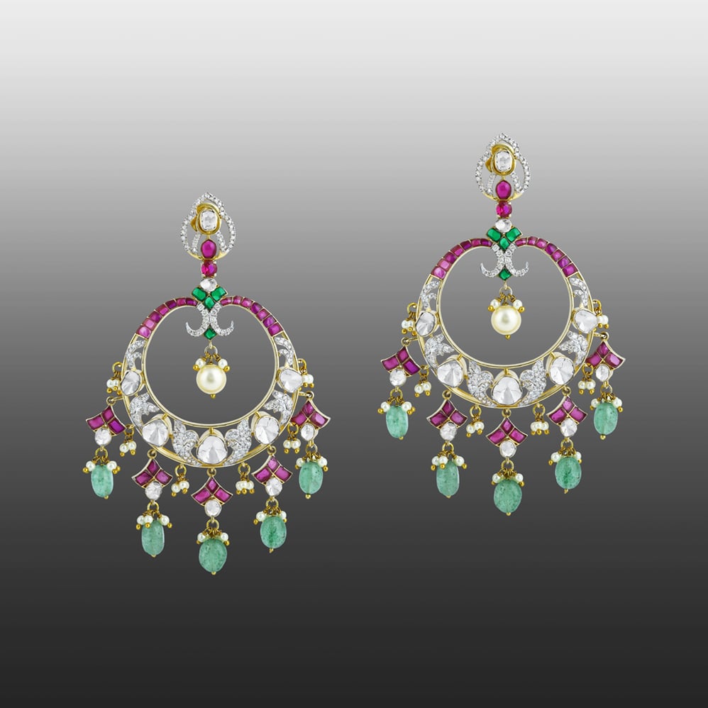Polki Hoop Earrings with Emerald Drops, Pink Talaf, and Pearl Accents